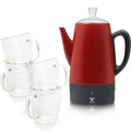 Red 10 Cups Electric Coffee Percolator with Set of 4 Glass Cups N3079