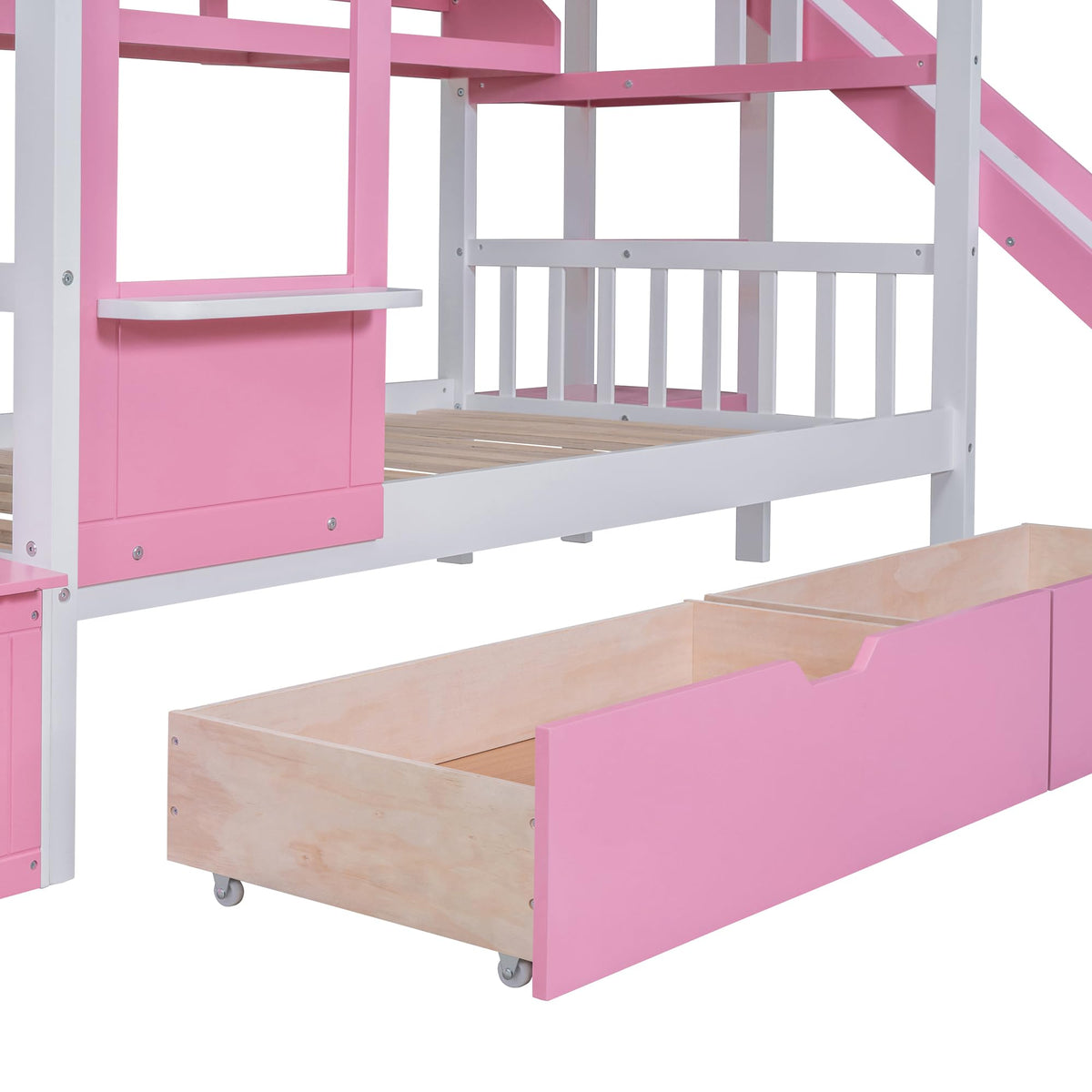 Twin Over Twin Bunk Bed with Slide, 2 Drawers & 3 Shelves V31348