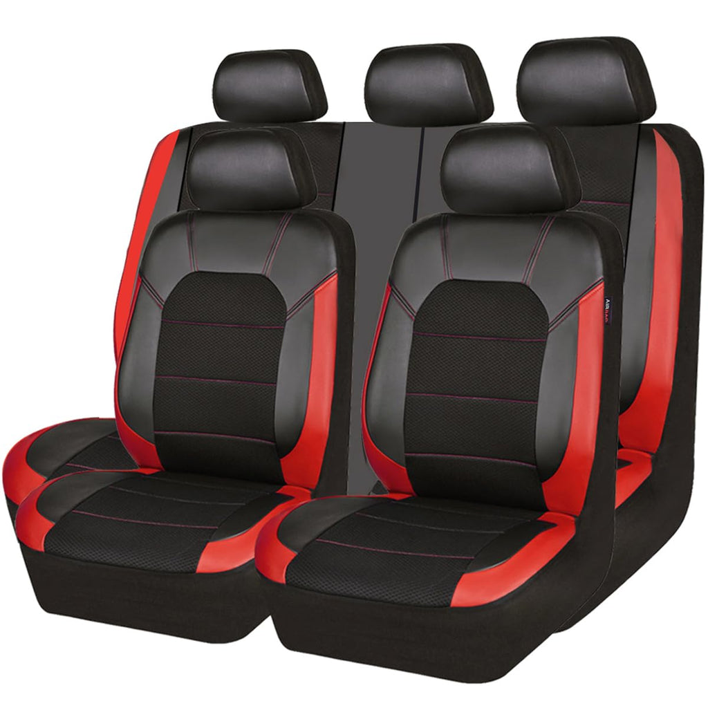 Universal Leather Car Seat Covers Full Set Black Red K65174