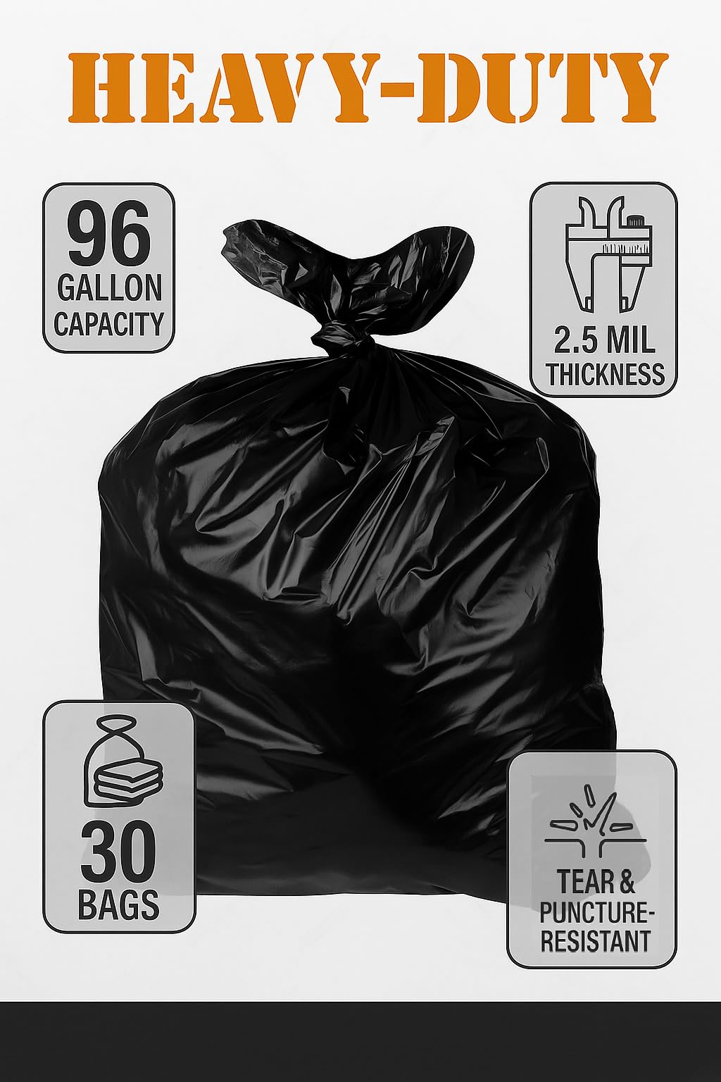 95–96 Gallon 30 Count 2.5 Mil Black Trash Bags X749646