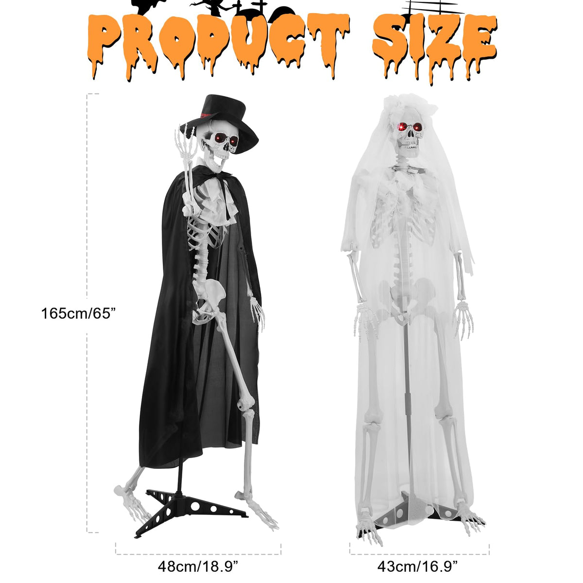 2 Pack Life Size Skeleton Bride and Groom with LED Glowing Eyes and Movable Joints K843085