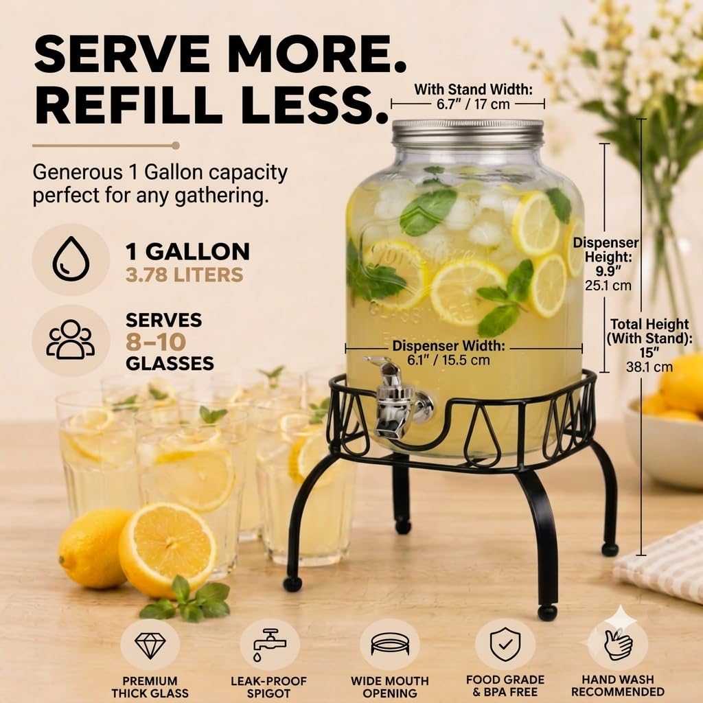 Glass 1 Gallon Drink Dispenser with Stand and Spigot O317
