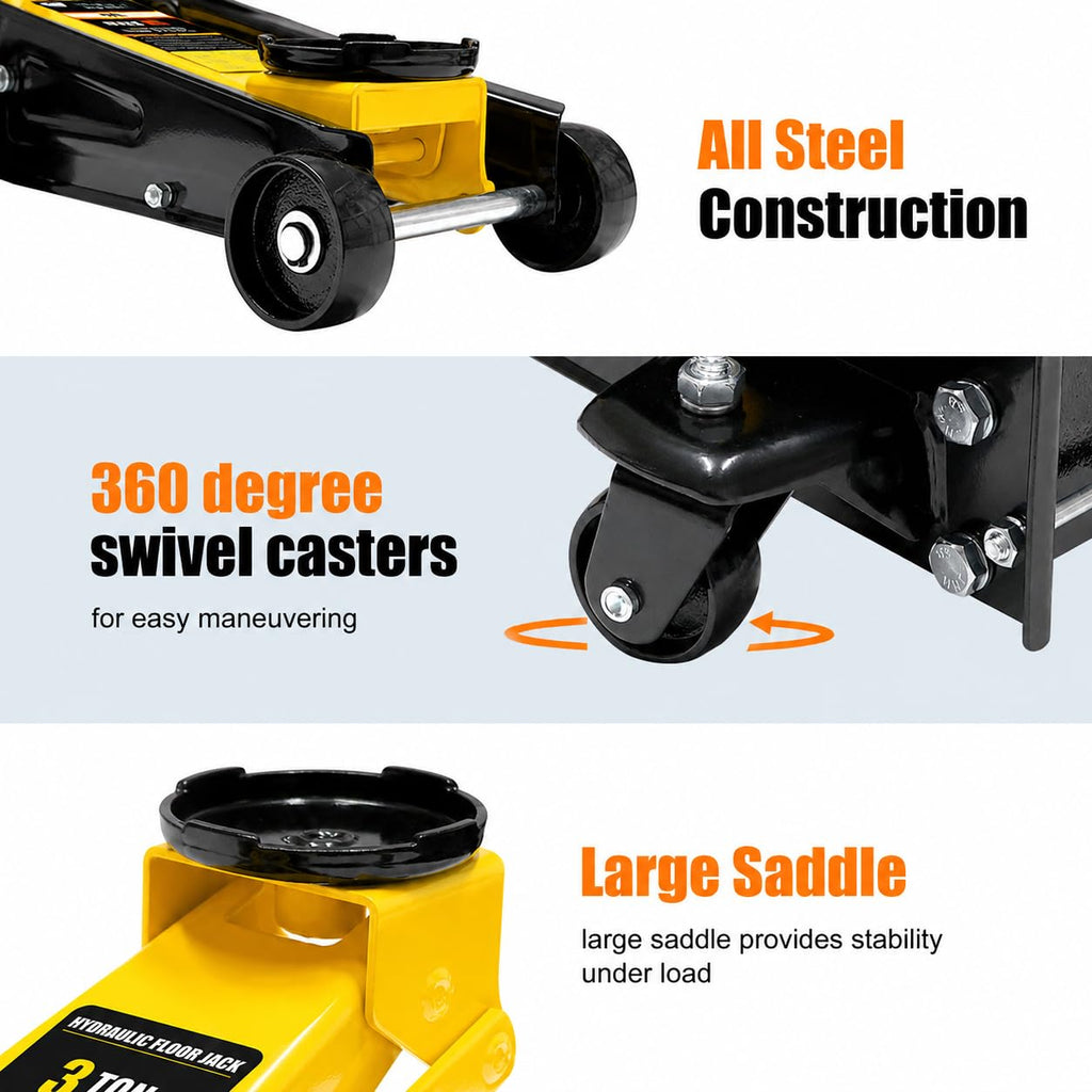 3 Ton Low Profile Steel Racing Floor Jack with Dual Pistons Quick Lift Pump Y4596
