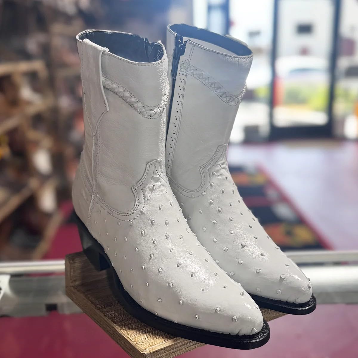 White Ostrich Print Leather Ankle Cowboy Boots with Zipper D5431