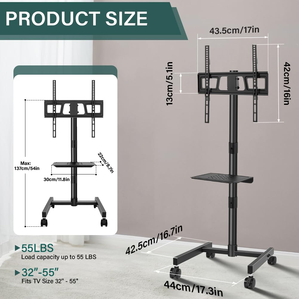 Rolling TV Stand with Wheels for 32-55Inch Screens up to 55lbs Black Q776164