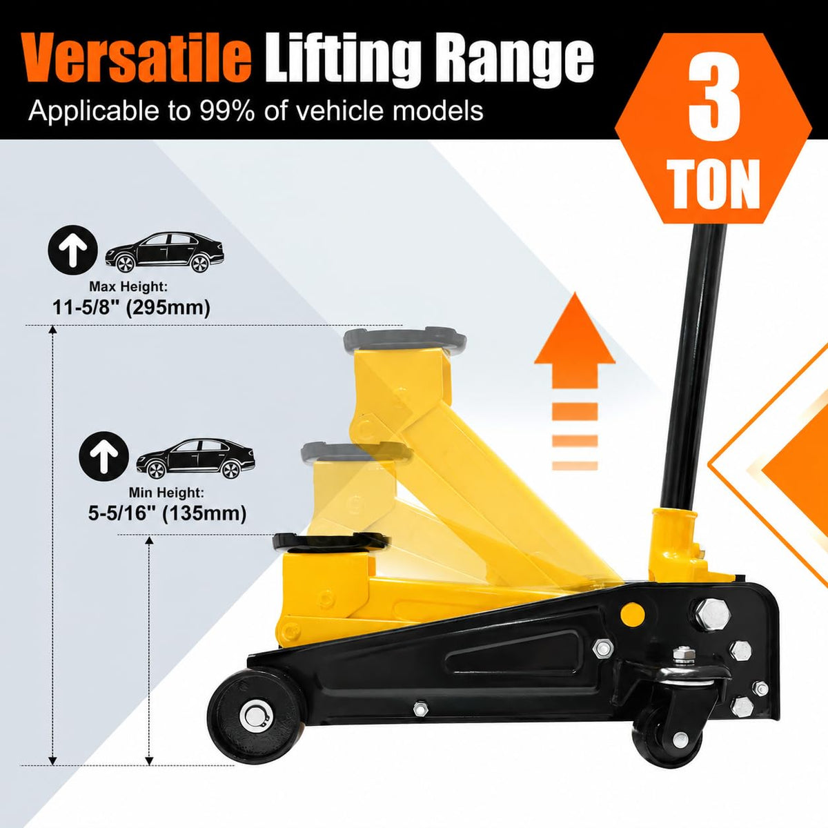 3 Ton Low Profile Steel Racing Floor Jack with Dual Pistons Quick Lift Pump Y4596