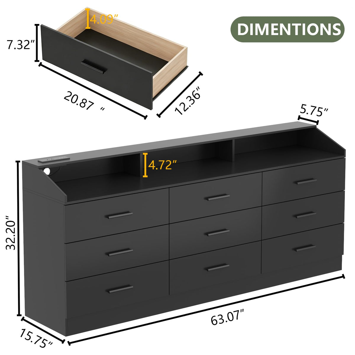 Black 9 Drawer Dresser with Power Outlet Q24873