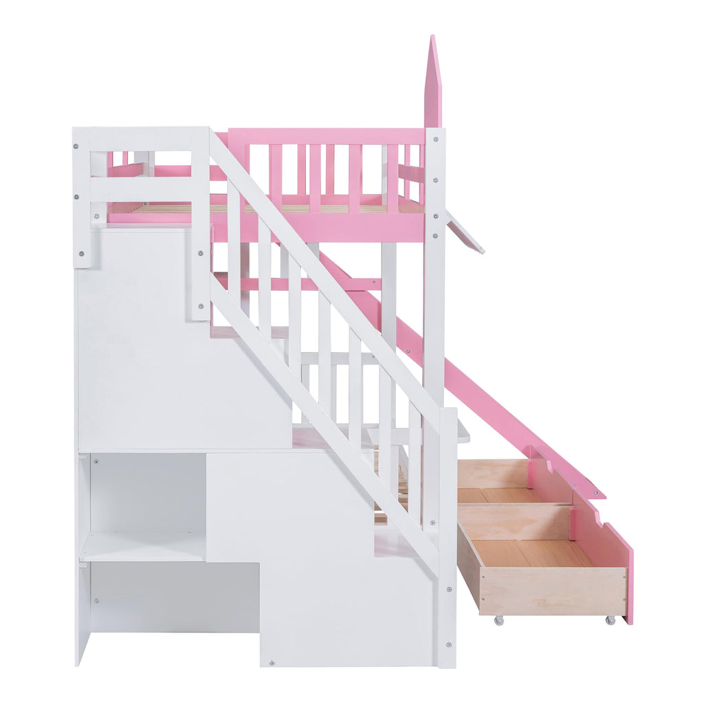 Twin Over Twin Bunk Bed with Slide, 2 Drawers & 3 Shelves V31348