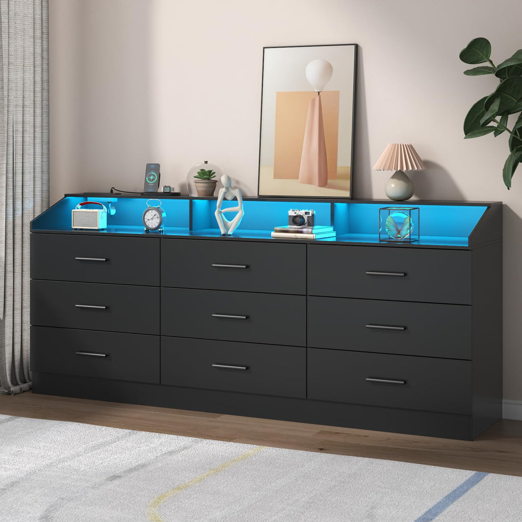 Black 9 Drawer Dresser with Power Outlet Q24873