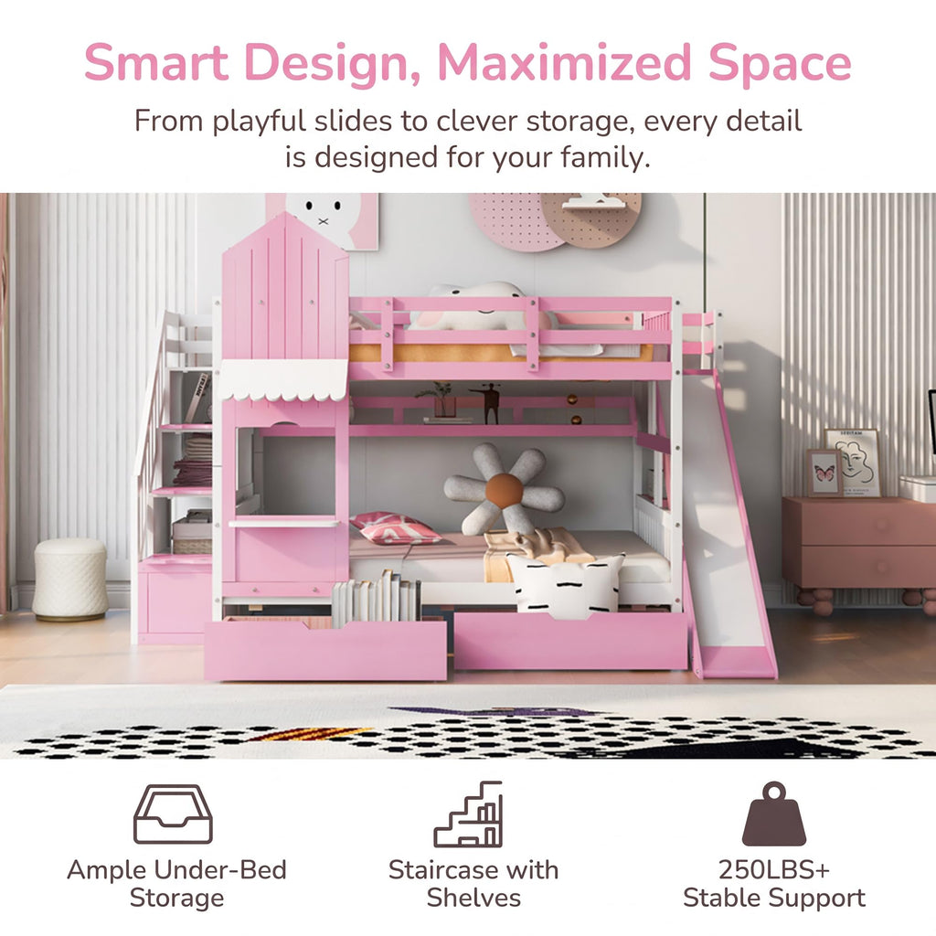Twin Over Twin Bunk Bed with Slide, 2 Drawers & 3 Shelves V31348