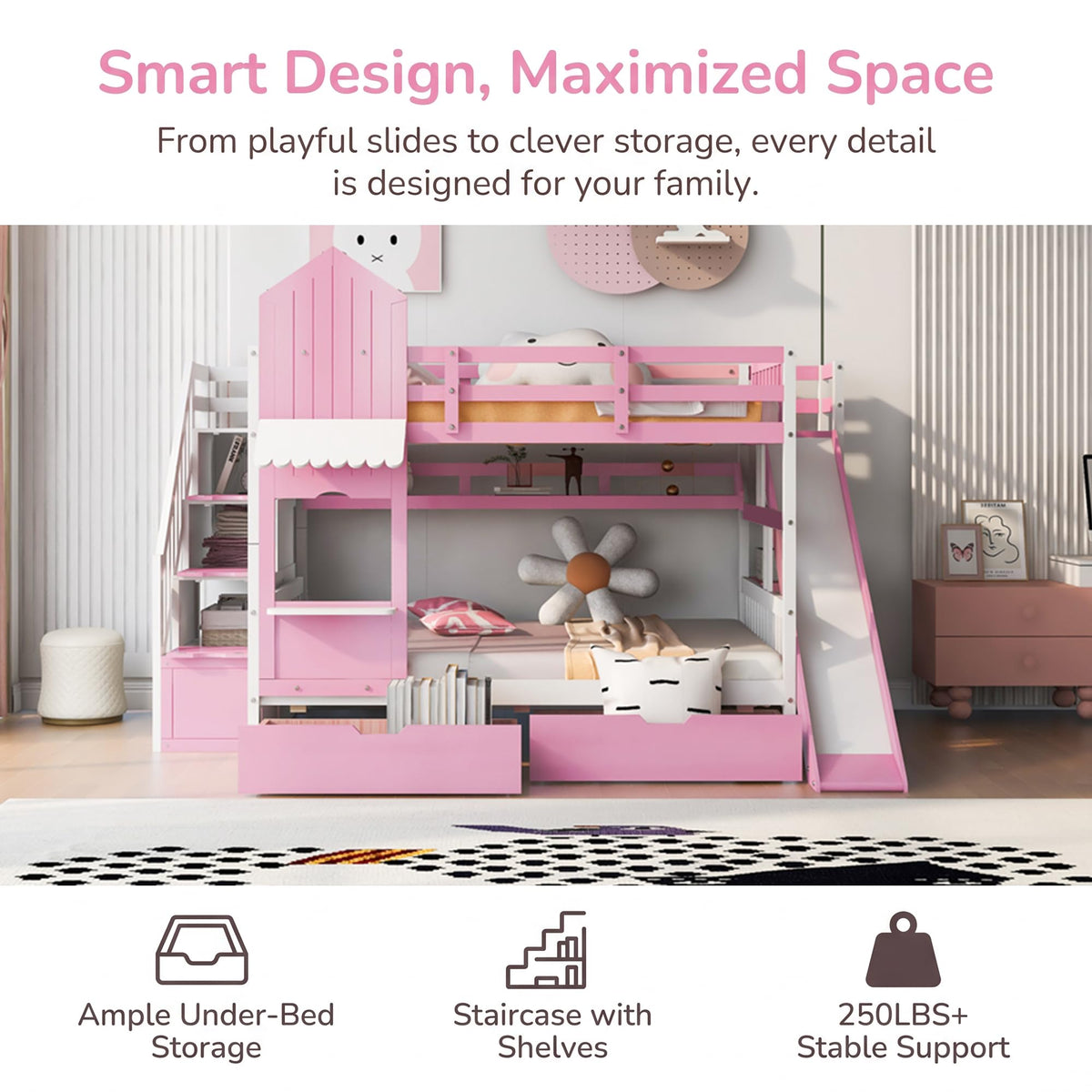 Twin Over Twin Bunk Bed with Slide, 2 Drawers & 3 Shelves V31348