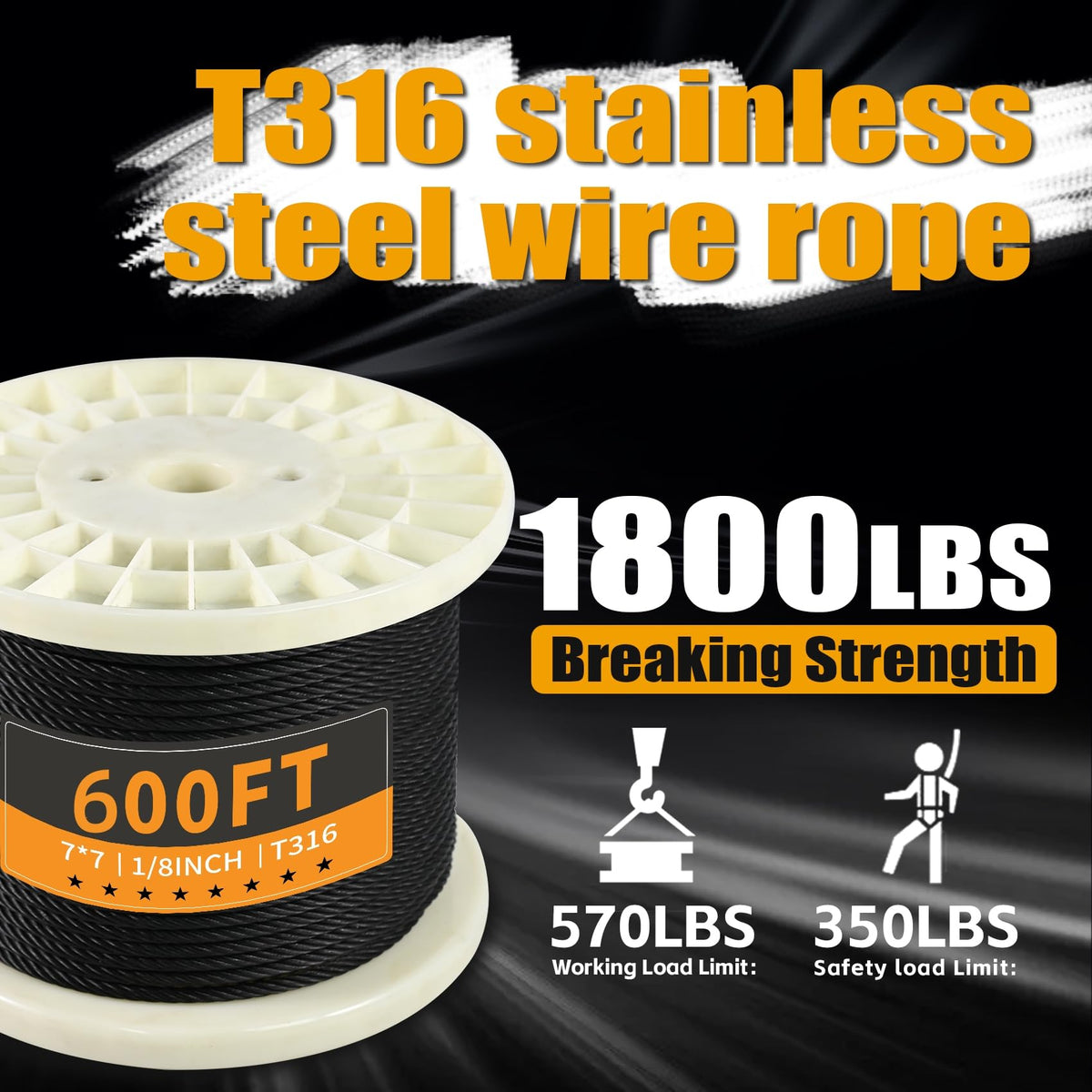 1/8" Black T316 Stainless Steel Cable Railing 600 FT 7x7 Wire Rope R256