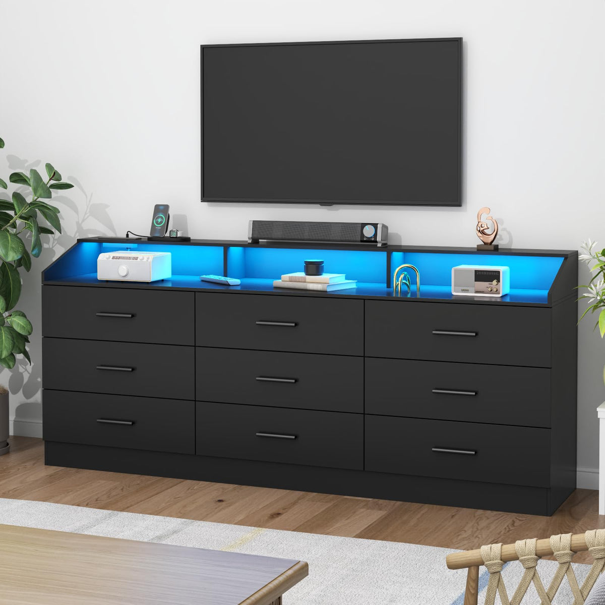Black 9 Drawer Dresser with Power Outlet Q24873