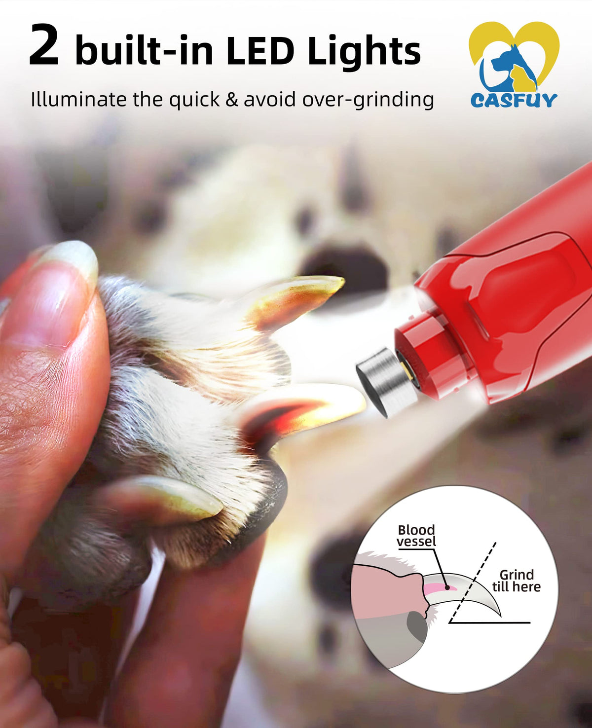 Quiet 6-Speed Rechargeable Electric Dog Nail Grinder with 2 LED Lights O89287