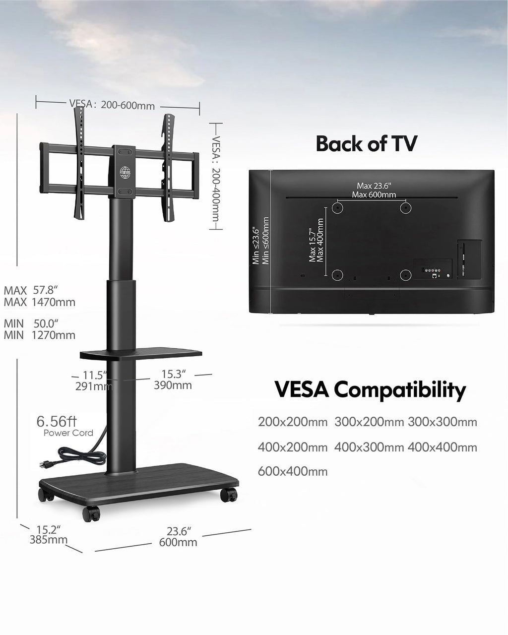 Black Rolling TV Stand for 32-75 Inch TVs M886