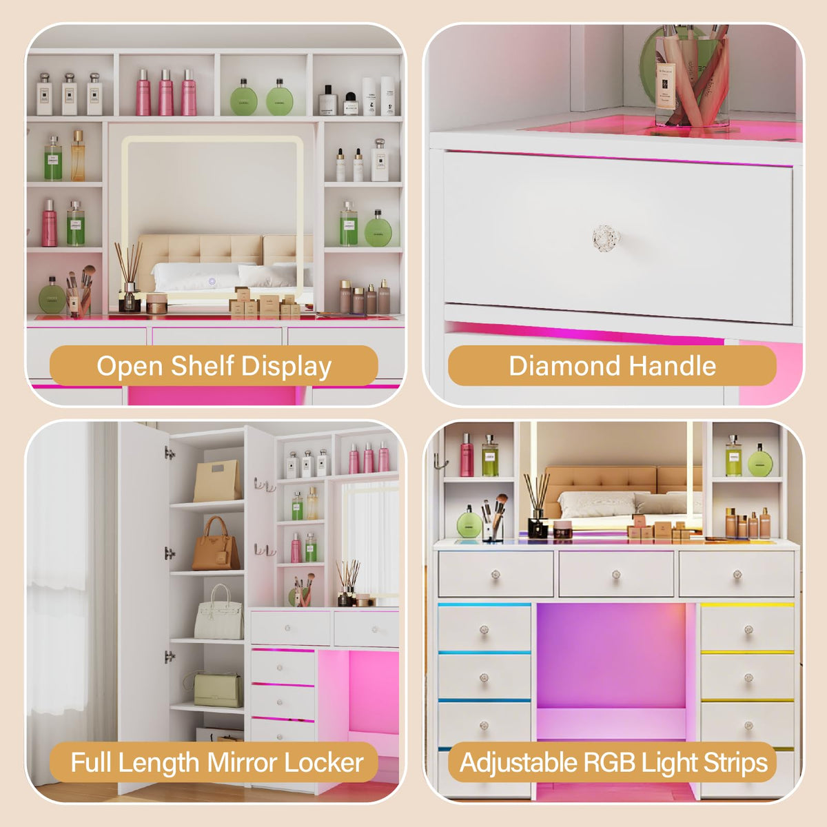 Vanity Desk with LED Mirror, 11 Drawers H371
