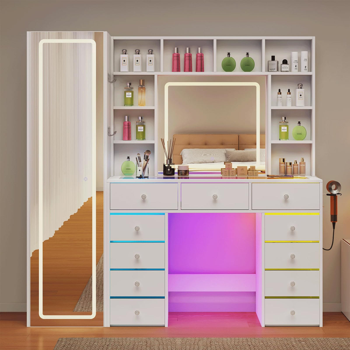 Vanity Desk with LED Mirror, 11 Drawers H371