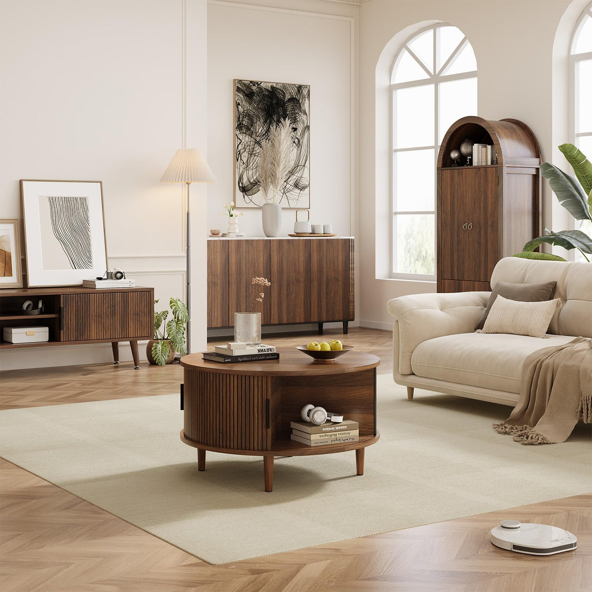Round Coffee Table with Storage, 31.5", Walnut E1308