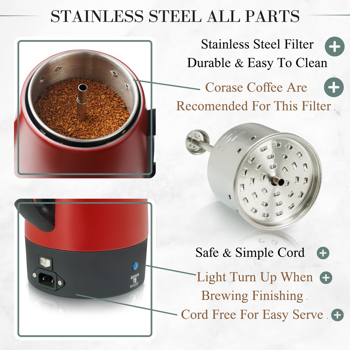 Red 10 Cups Electric Coffee Percolator with Set of 4 Glass Cups N3079