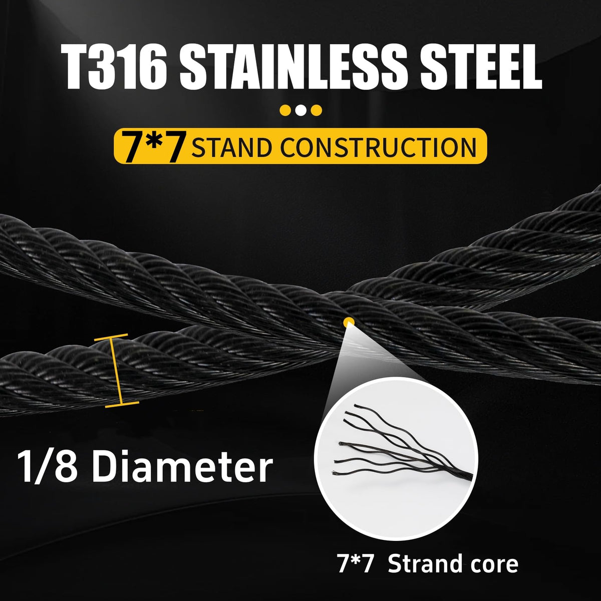 1/8" Black T316 Stainless Steel Cable Railing 600 FT 7x7 Wire Rope R256