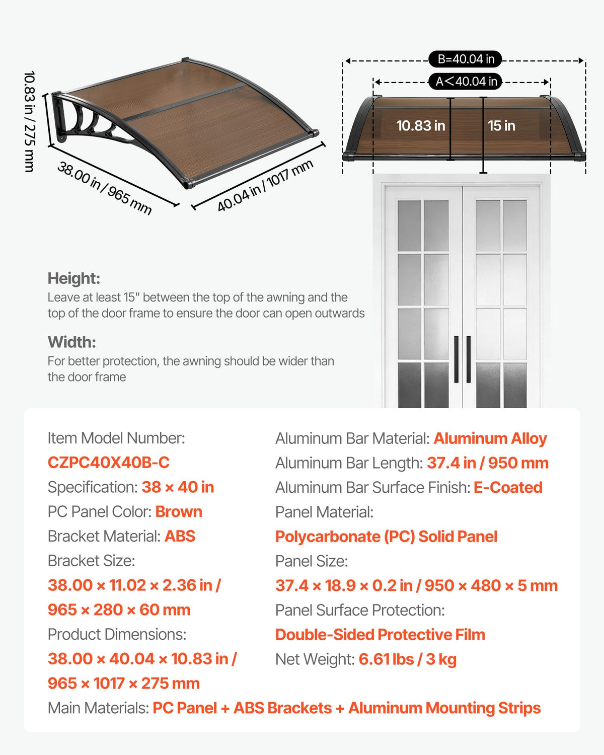 38" x 40" Door Window Awning N36105