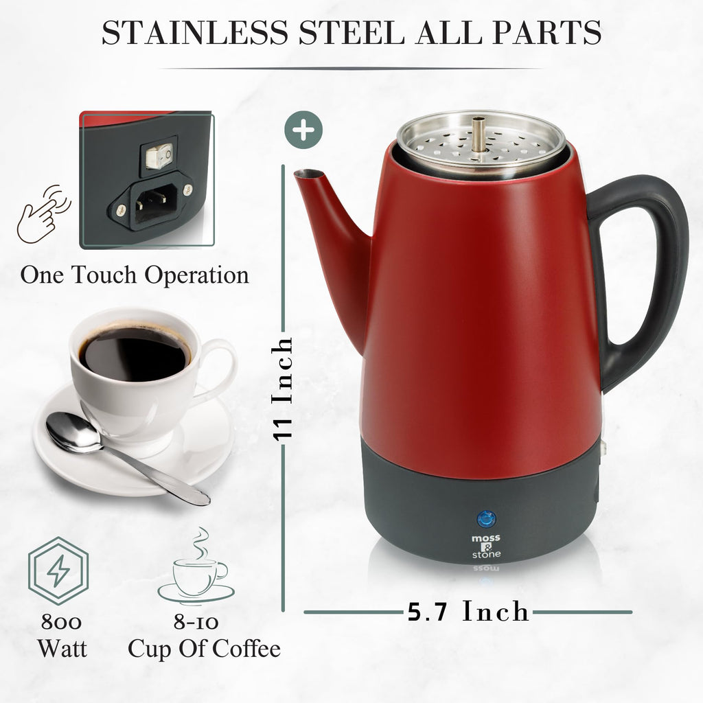 Red 10 Cups Electric Coffee Percolator with Set of 4 Glass Cups N3079