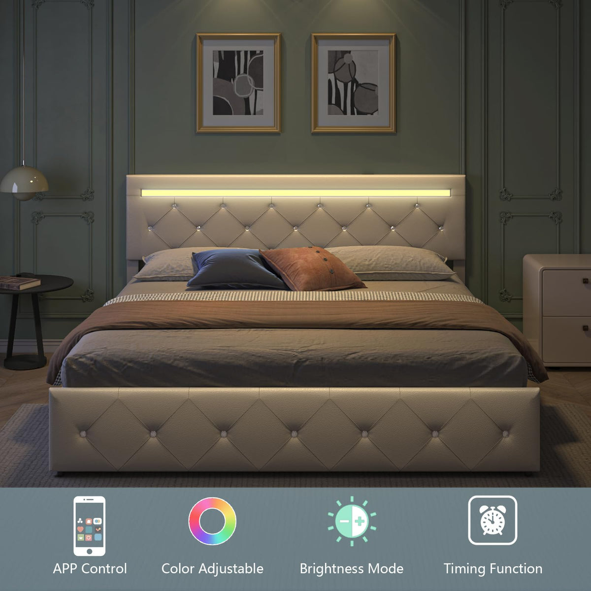Full Size Bed Frame with LED Light and Storage Drawers U251