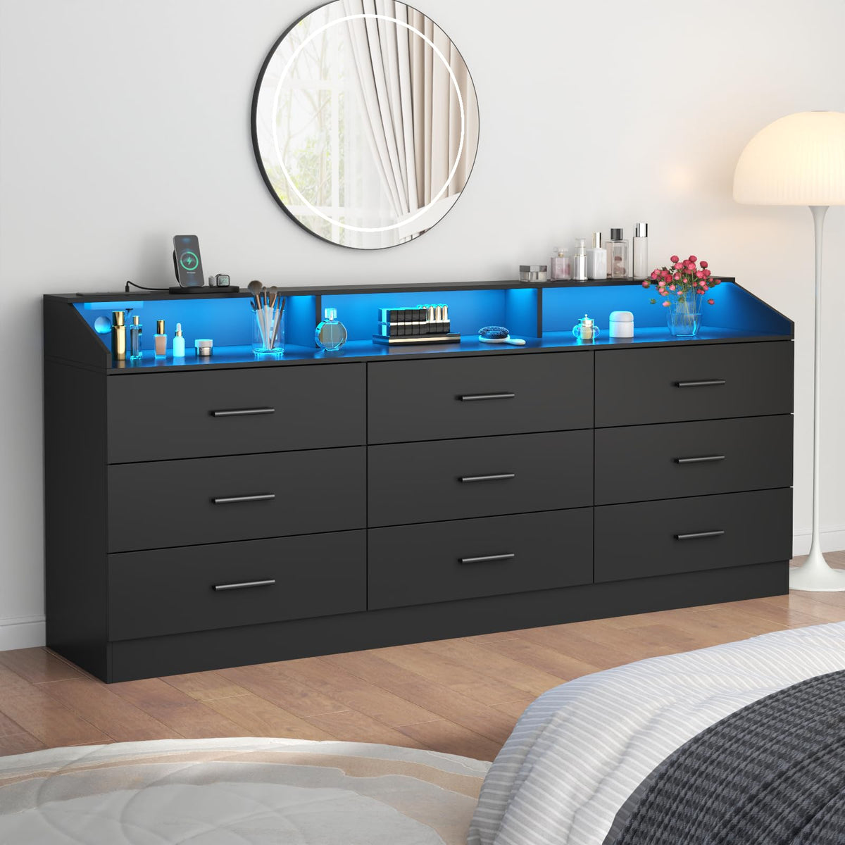 Black 9 Drawer Dresser with Power Outlet Q24873