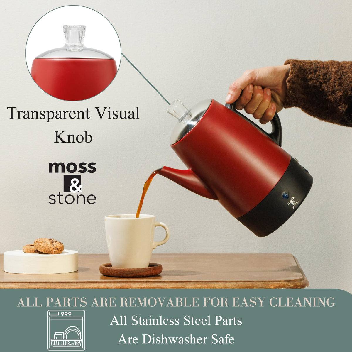 Red 10 Cups Electric Coffee Percolator with Set of 4 Glass Cups N3079