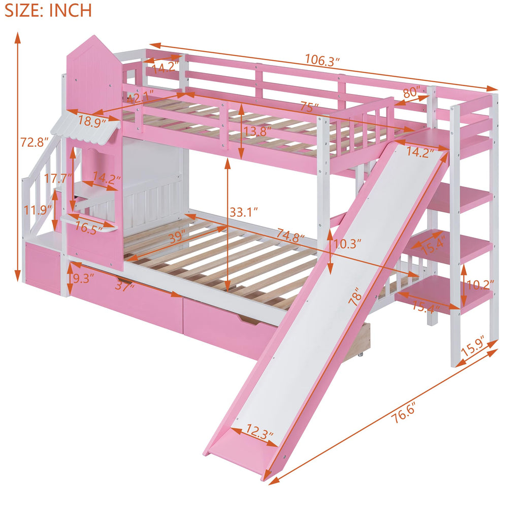 Twin Over Twin Bunk Bed with Slide, 2 Drawers & 3 Shelves V31348