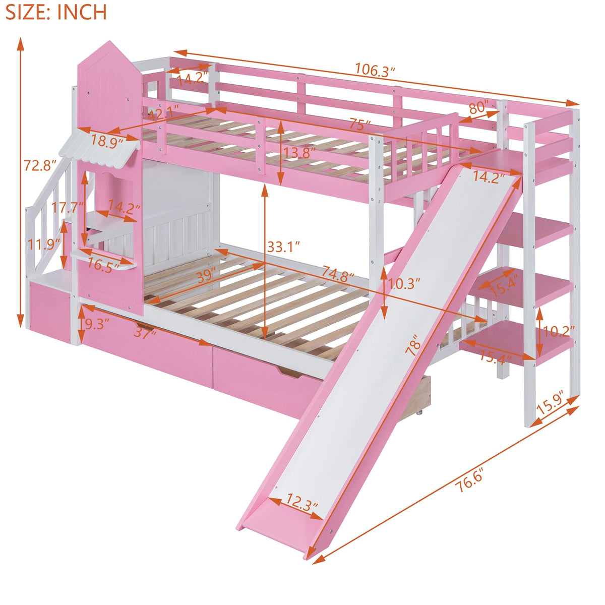 Twin Over Twin Bunk Bed with Slide, 2 Drawers & 3 Shelves V31348