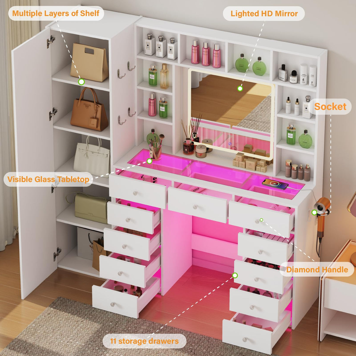 Vanity Desk with LED Mirror, 11 Drawers H371