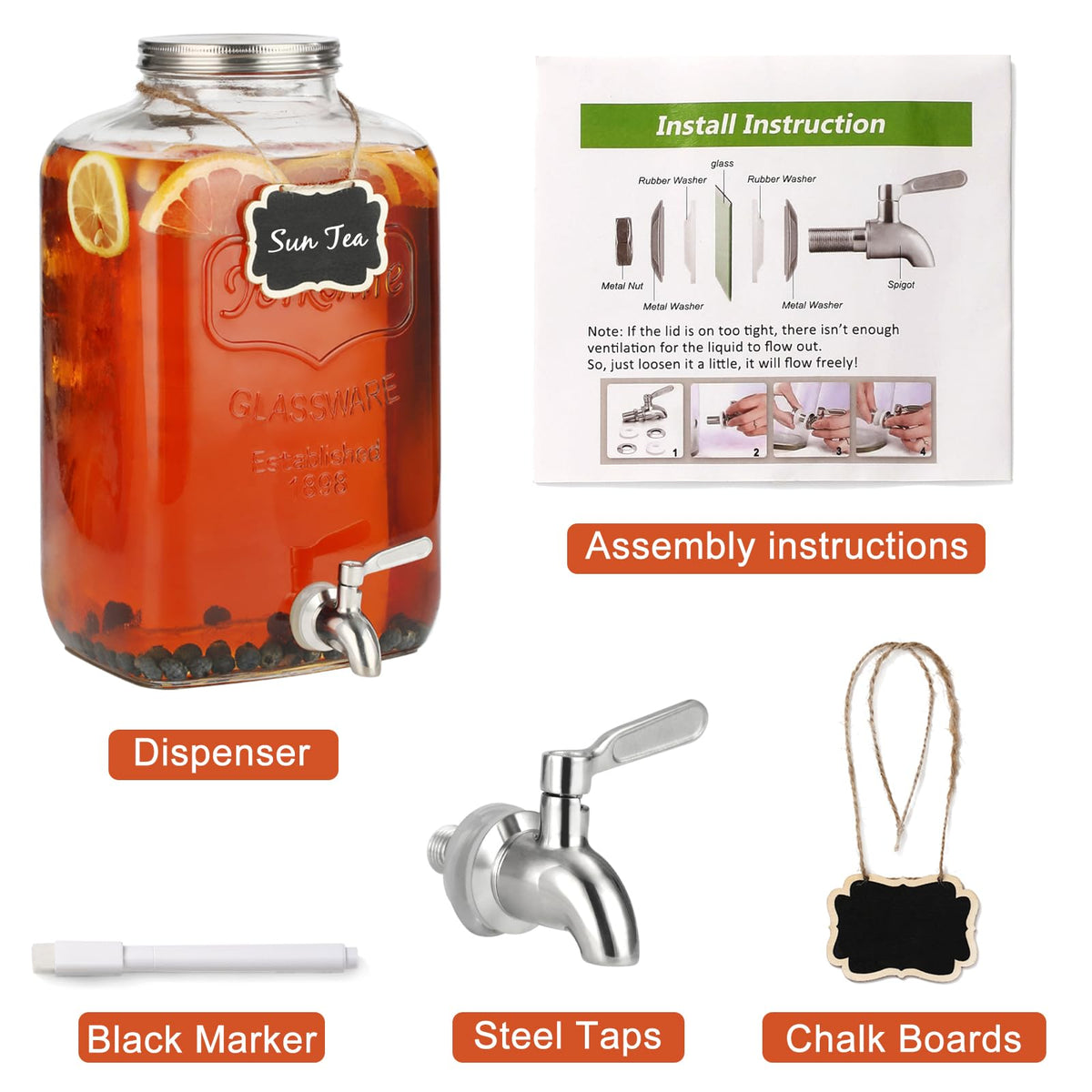 2 Gallon Glass Drink Dispenser with Stainless Steel Spigot and Lid W46272