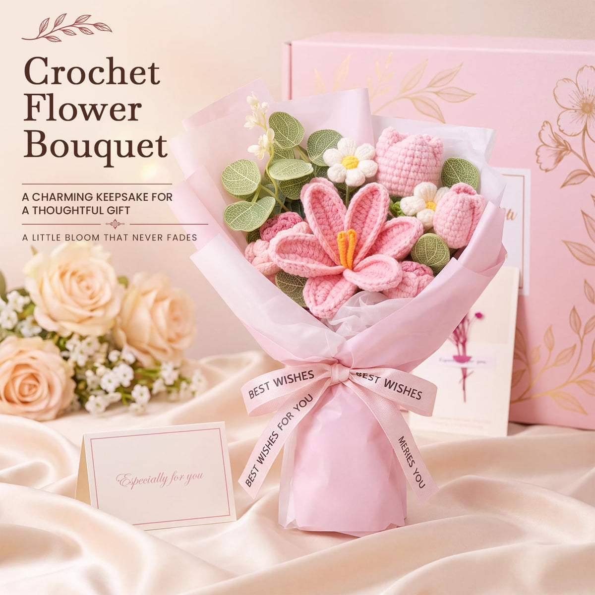 10 PCS Pink Gift Basket with Blanket, Tumbler & Crochet Flowers T620