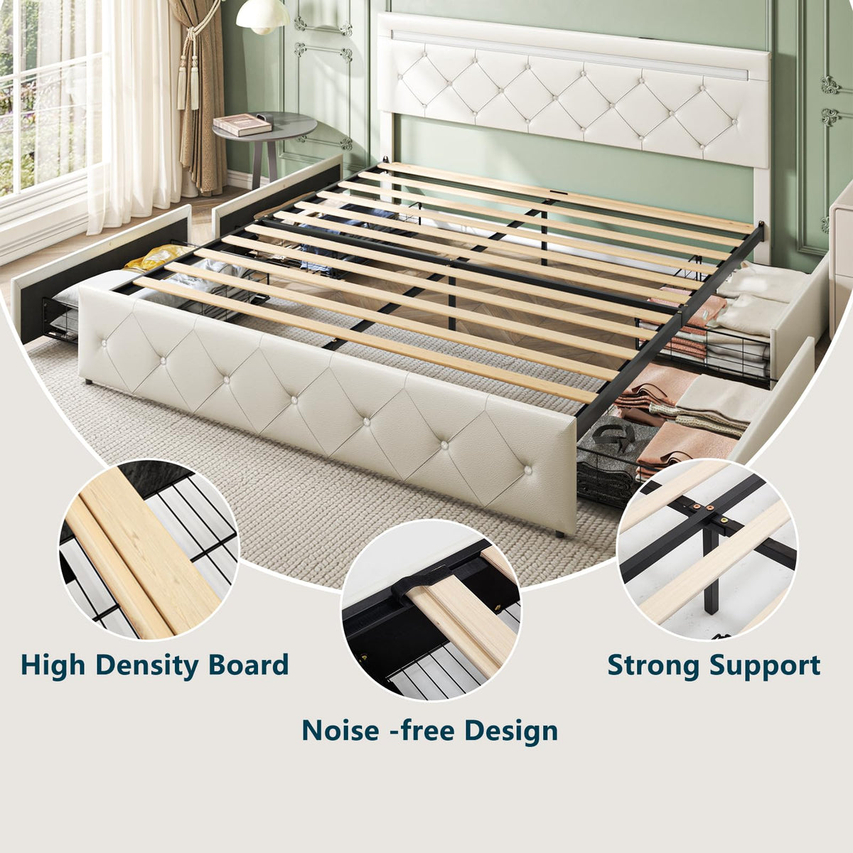 Full Size Bed Frame with LED Light and Storage Drawers U251