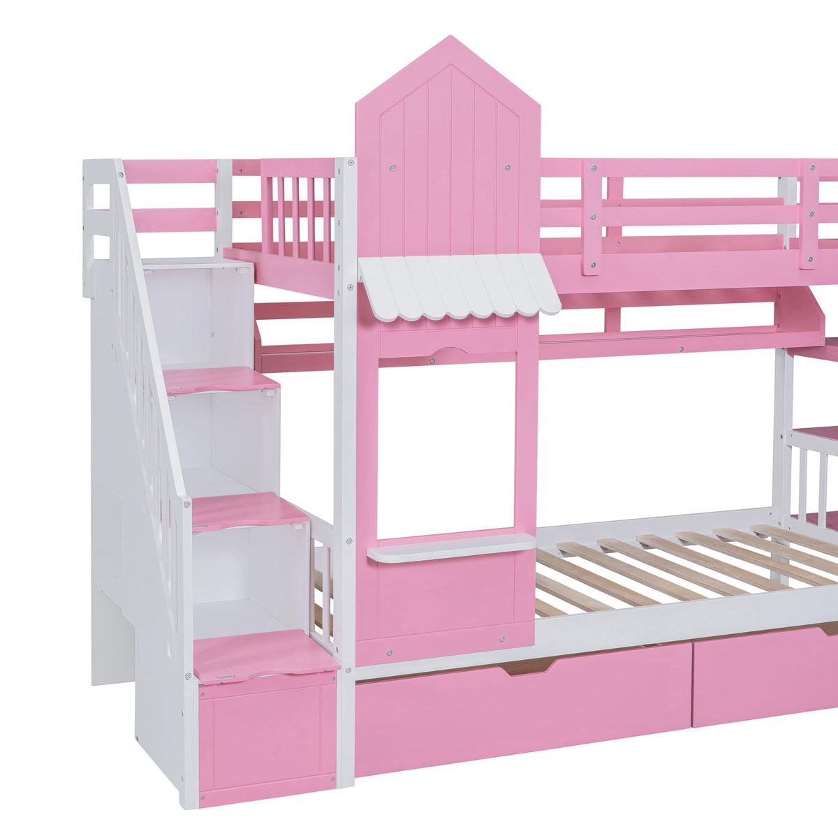 Twin Over Twin Bunk Bed with Slide, 2 Drawers & 3 Shelves V31348