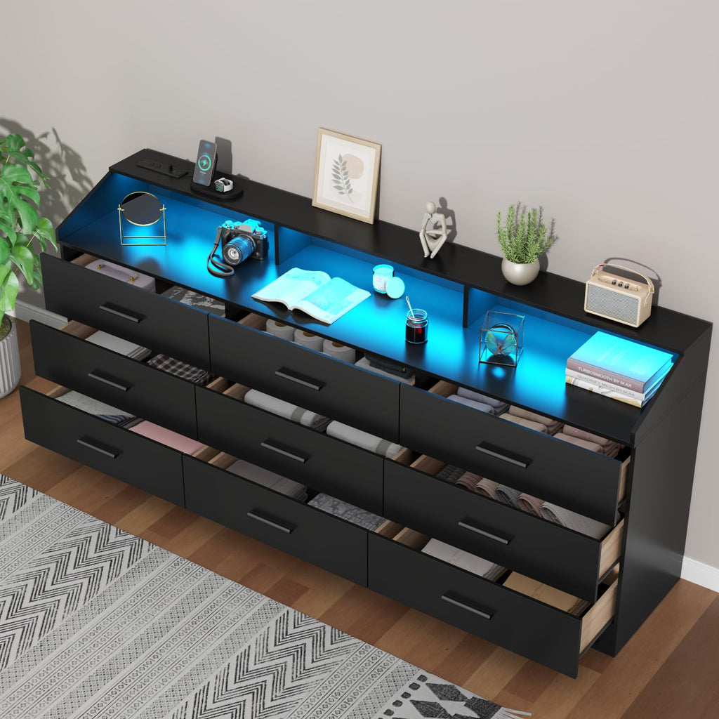 Black 9 Drawer Dresser with Power Outlet Q24873