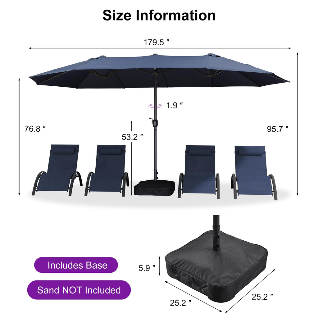15ft Double-Sided Navy Blue Patio Umbrella with Base E91333