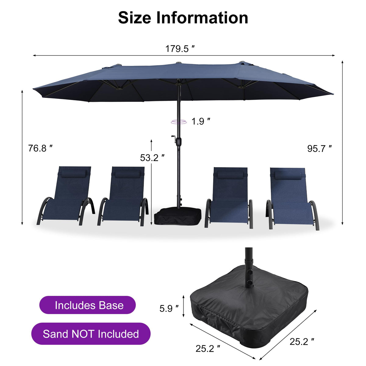15ft Double-Sided Navy Blue Patio Umbrella with Base E91333