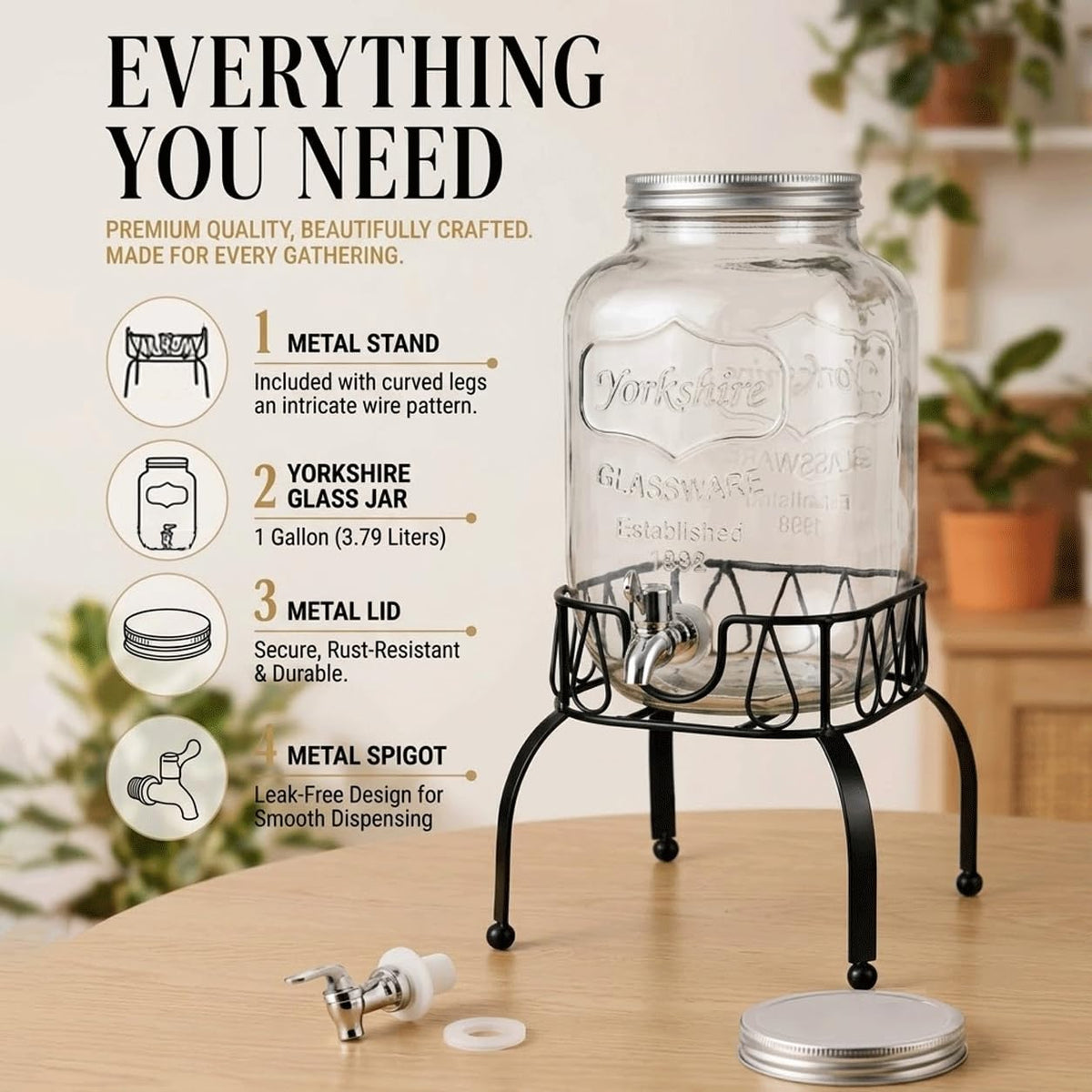 Glass 1 Gallon Drink Dispenser with Stand and Spigot O317