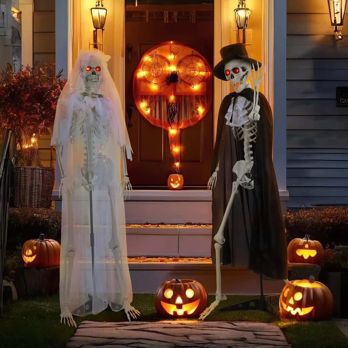 2 Pack Life Size Skeleton Bride and Groom with LED Glowing Eyes and Movable Joints K843085