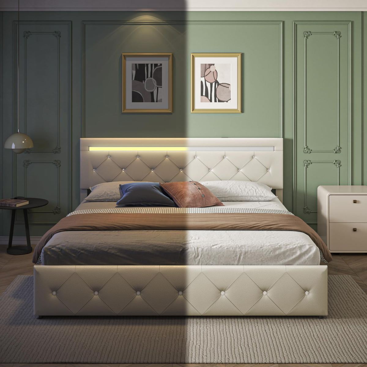 Full Size Bed Frame with LED Light and Storage Drawers U251