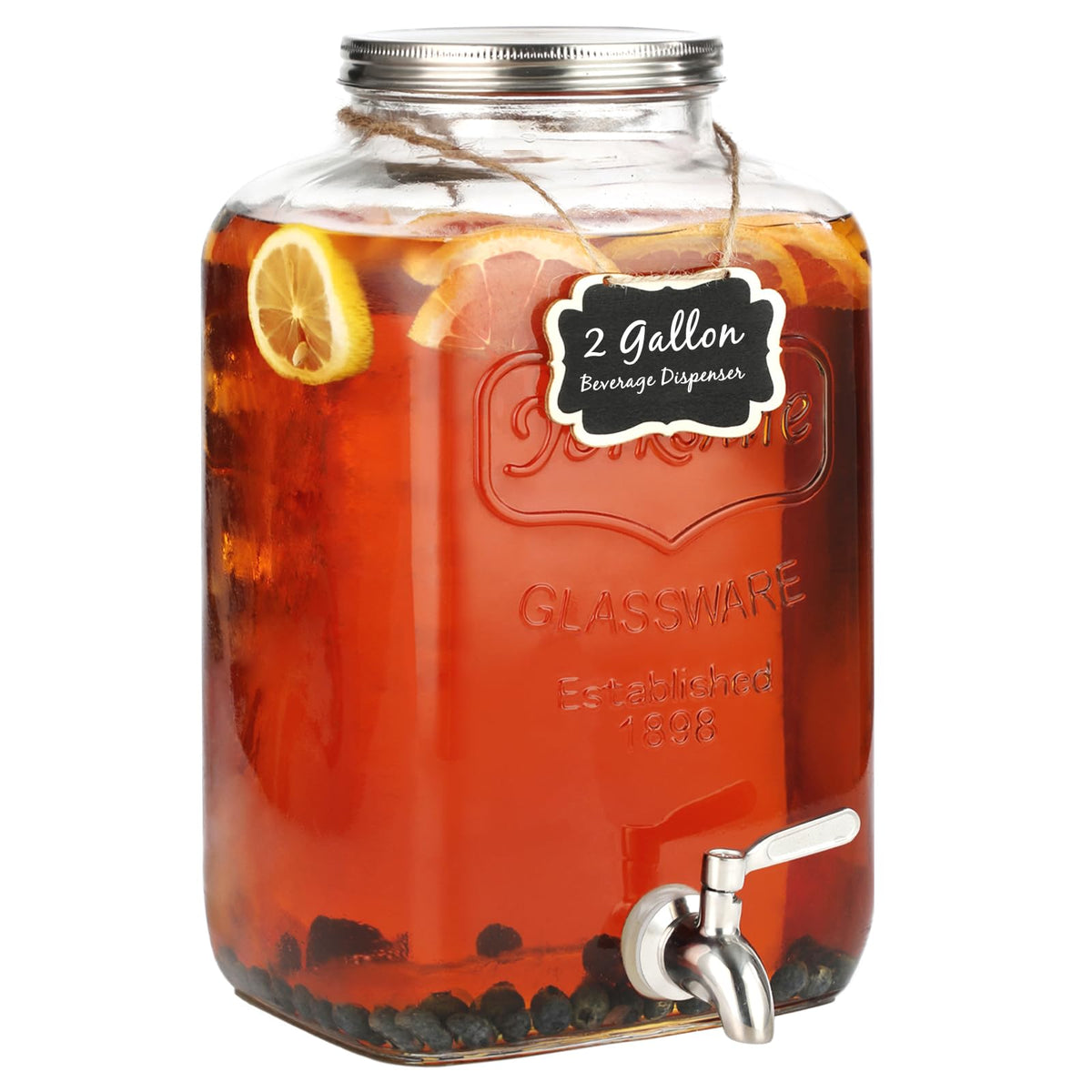 2 Gallon Glass Drink Dispenser with Stainless Steel Spigot and Lid W46272