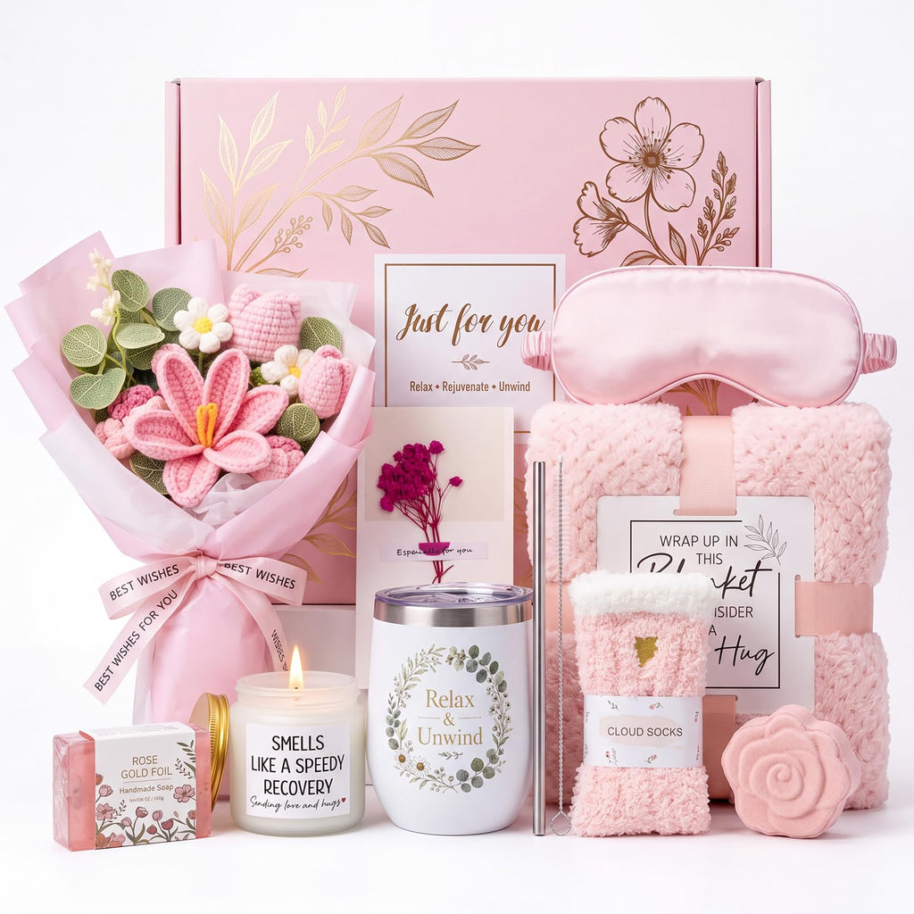 10 PCS Pink Gift Basket with Blanket, Tumbler & Crochet Flowers T620