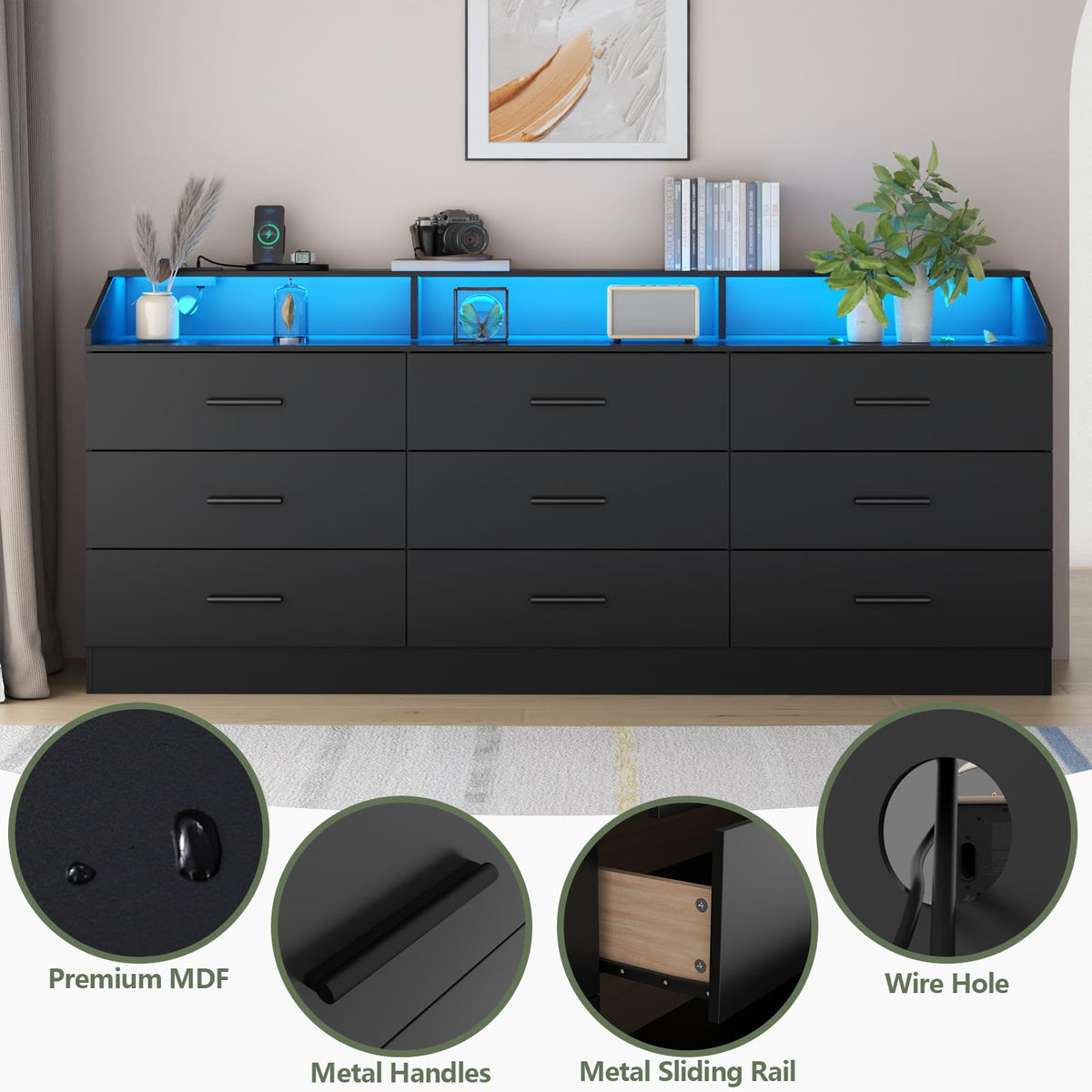 Black 9 Drawer Dresser with Power Outlet Q24873