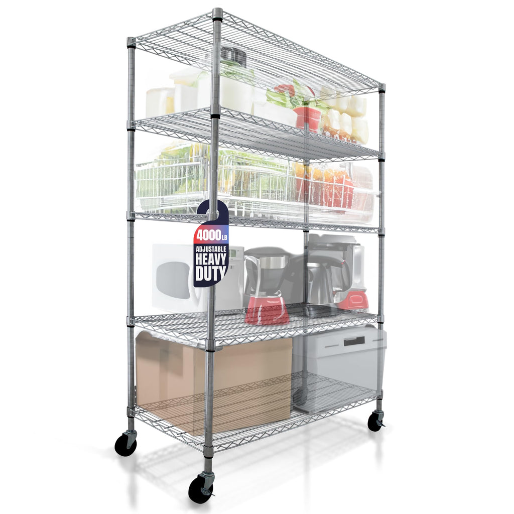 Heavy Duty 5-Tier Chrome Wire Shelving Rack with Casters G2924