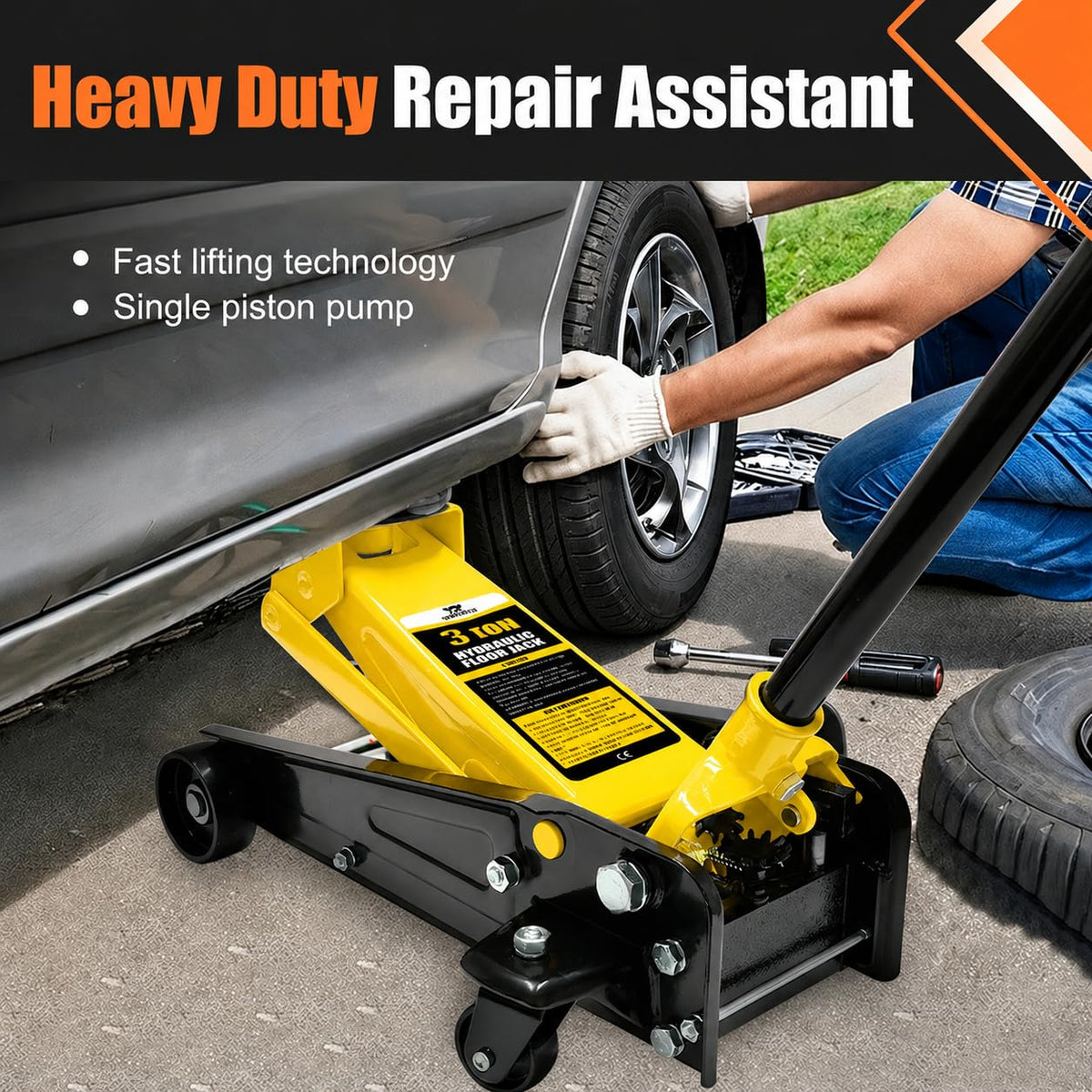 3 Ton Low Profile Steel Racing Floor Jack with Dual Pistons Quick Lift Pump Y4596