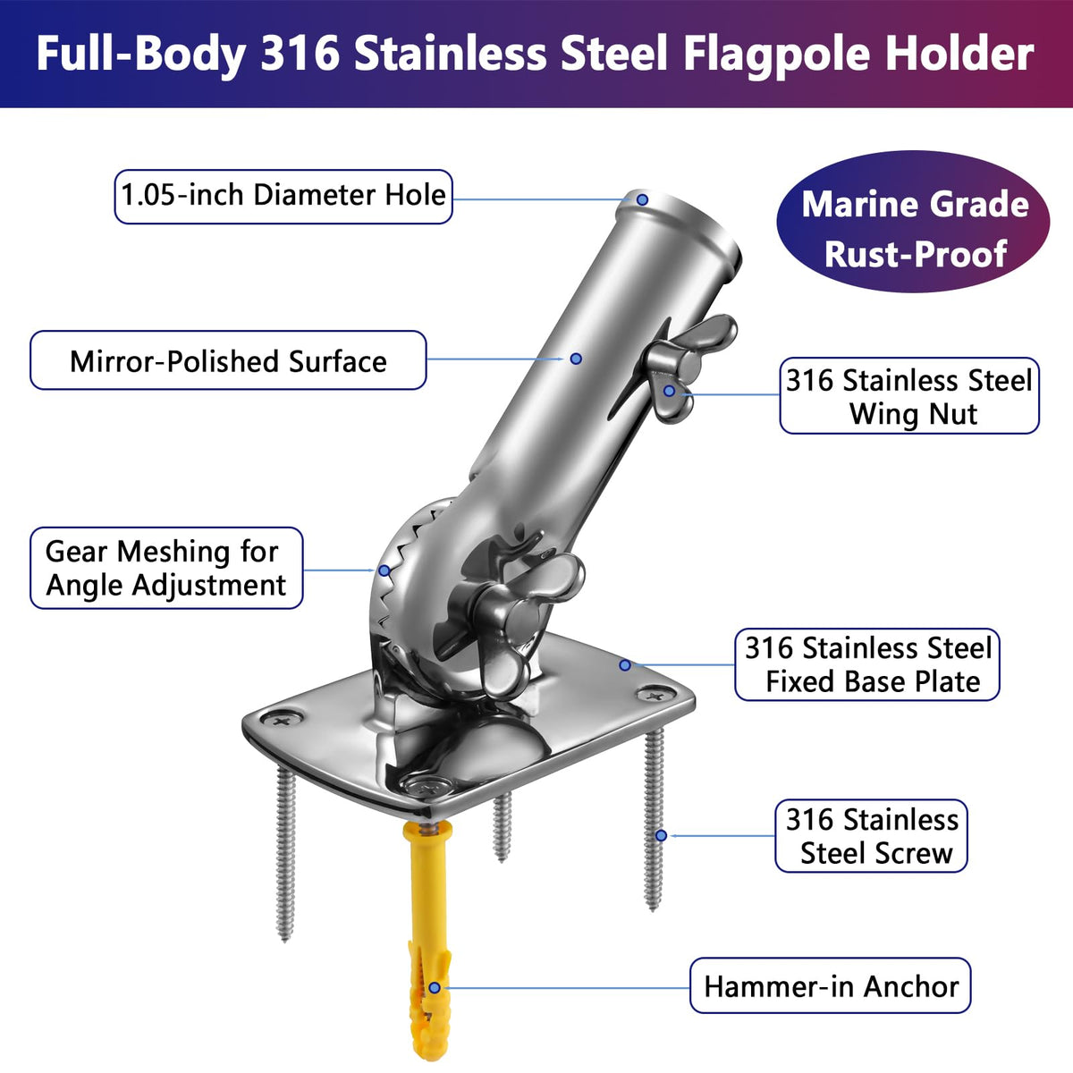 316 Stainless Steel Flag Pole Holder Bracket with Drain Hole, 1" E98590