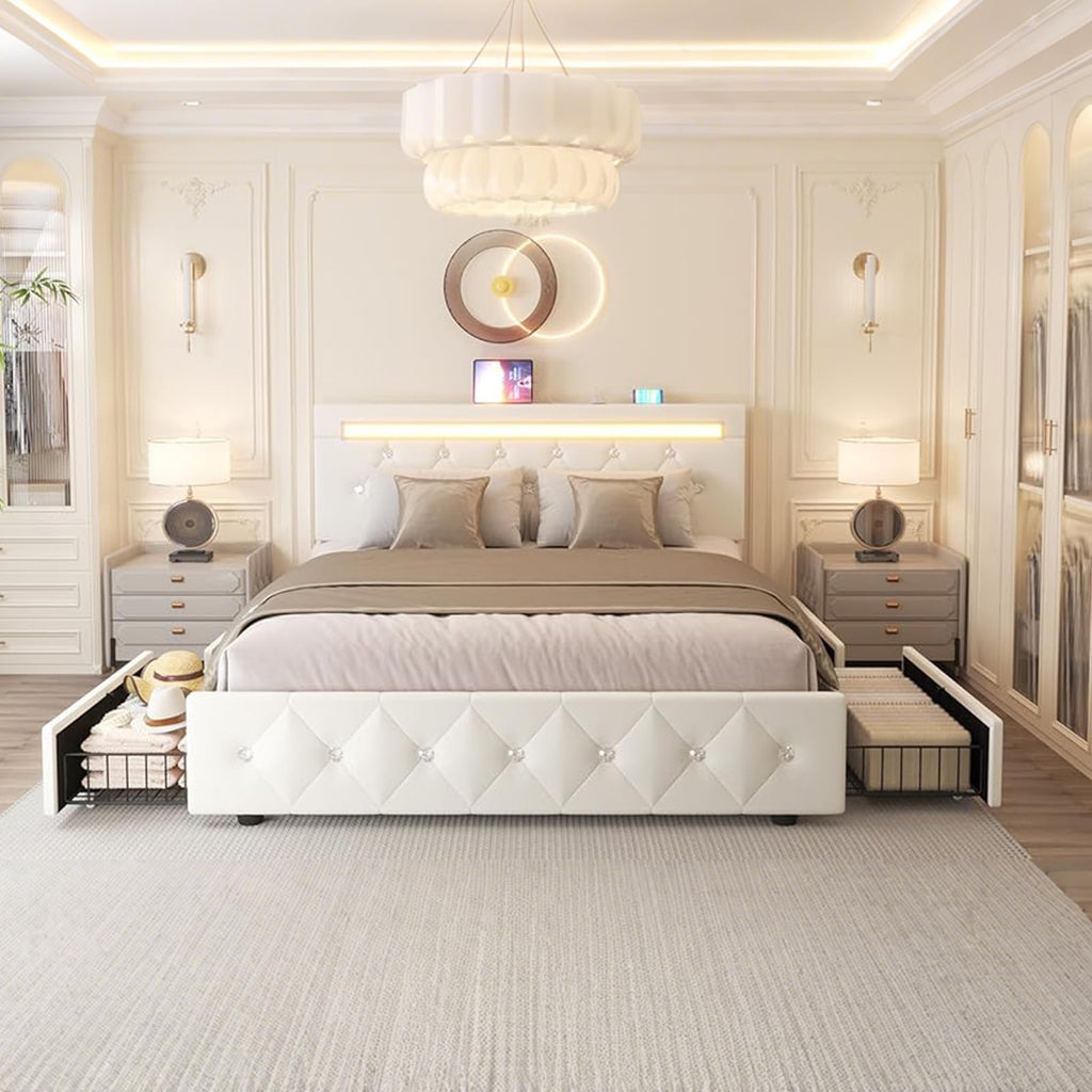 Full Size Bed Frame with LED Light and Storage Drawers U251