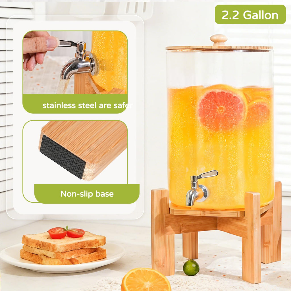 2.2 Gallon Glass Drink Dispenser with Wood Stand N524